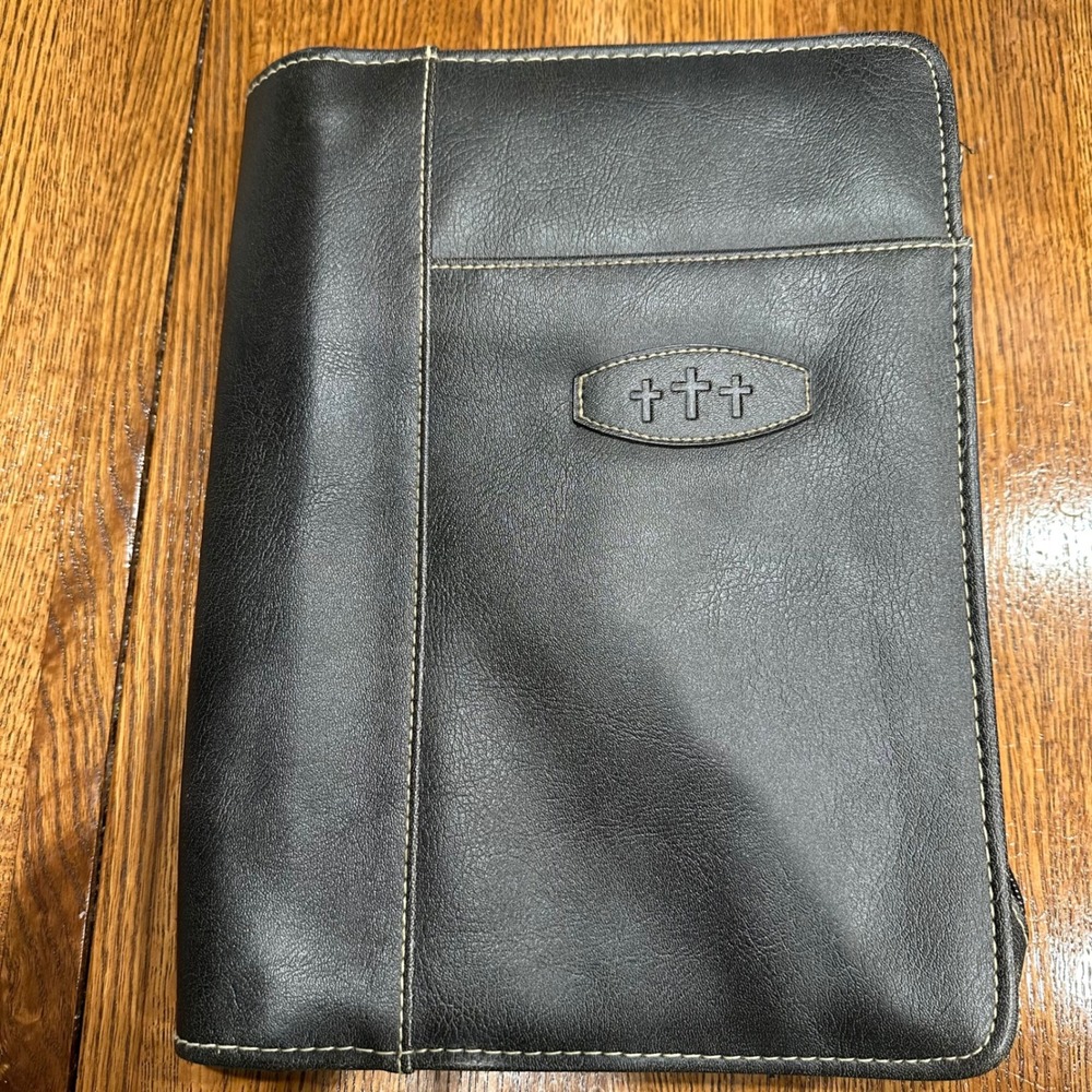 Unbranded Bible Cover Case Unisex Large Black Good Faux Leather Triple Cross Zip